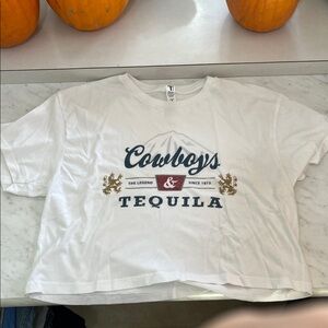 White Crop Top with Cowboys & Tequila Print